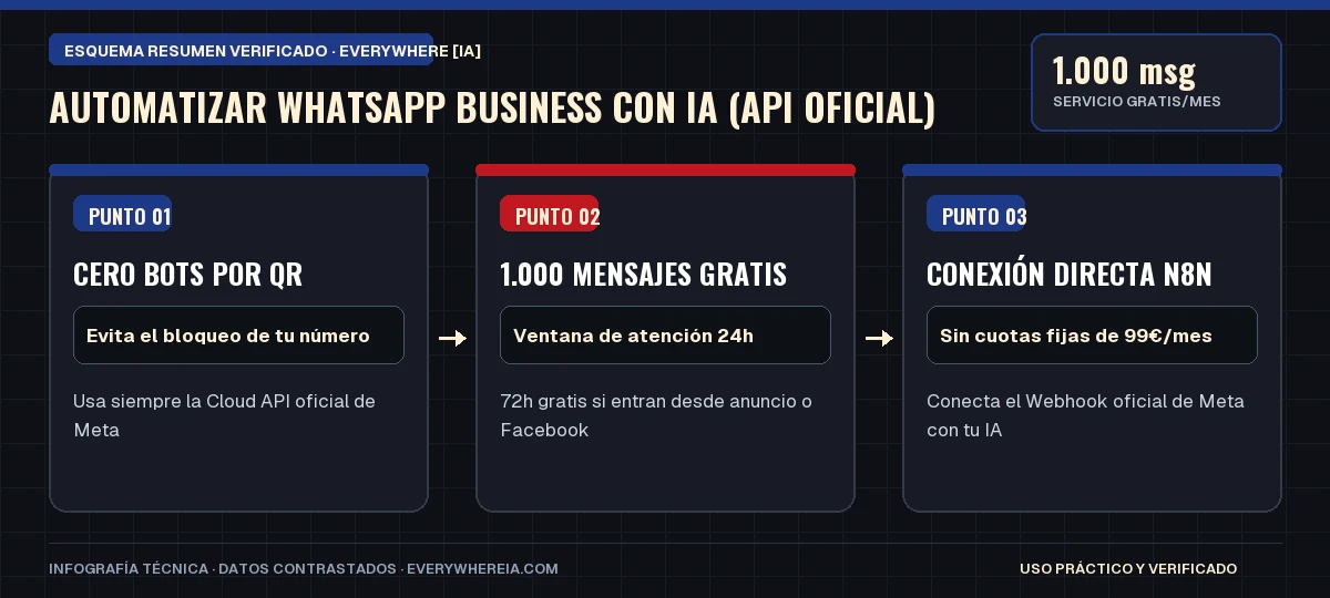 Esquema resumen en 3 pasos: Automatizar WhatsApp Business con IA (API Oficial)