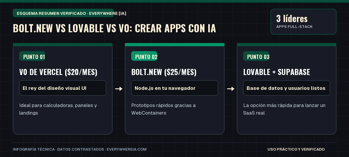 Esquema resumen en 3 pasos: Bolt.new vs Lovable vs v0: Crear Apps con IA