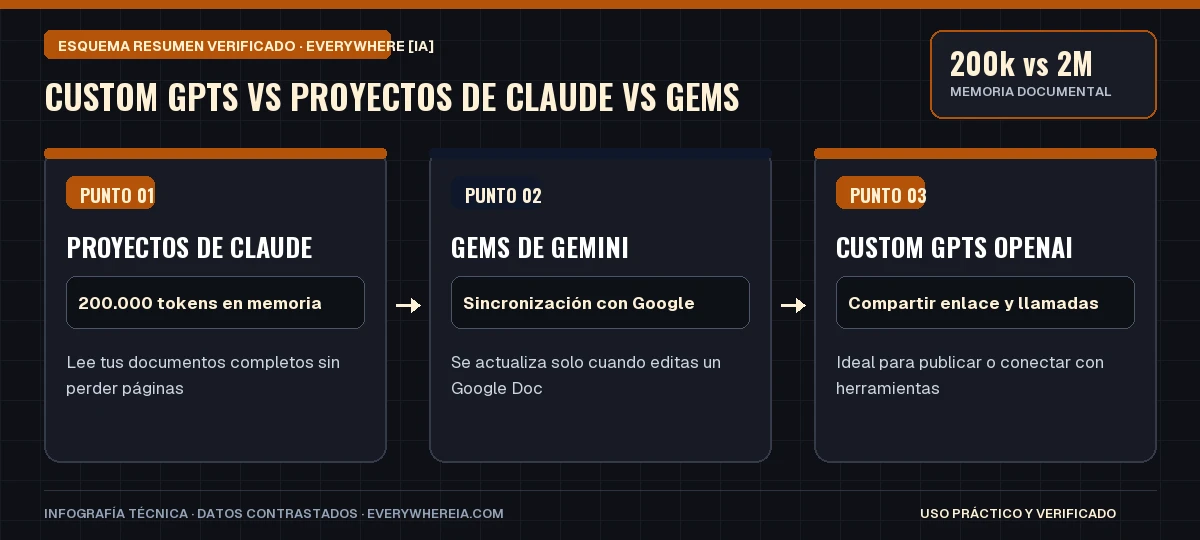 Esquema resumen en 3 pasos: Custom GPTs vs Proyectos de Claude vs Gems