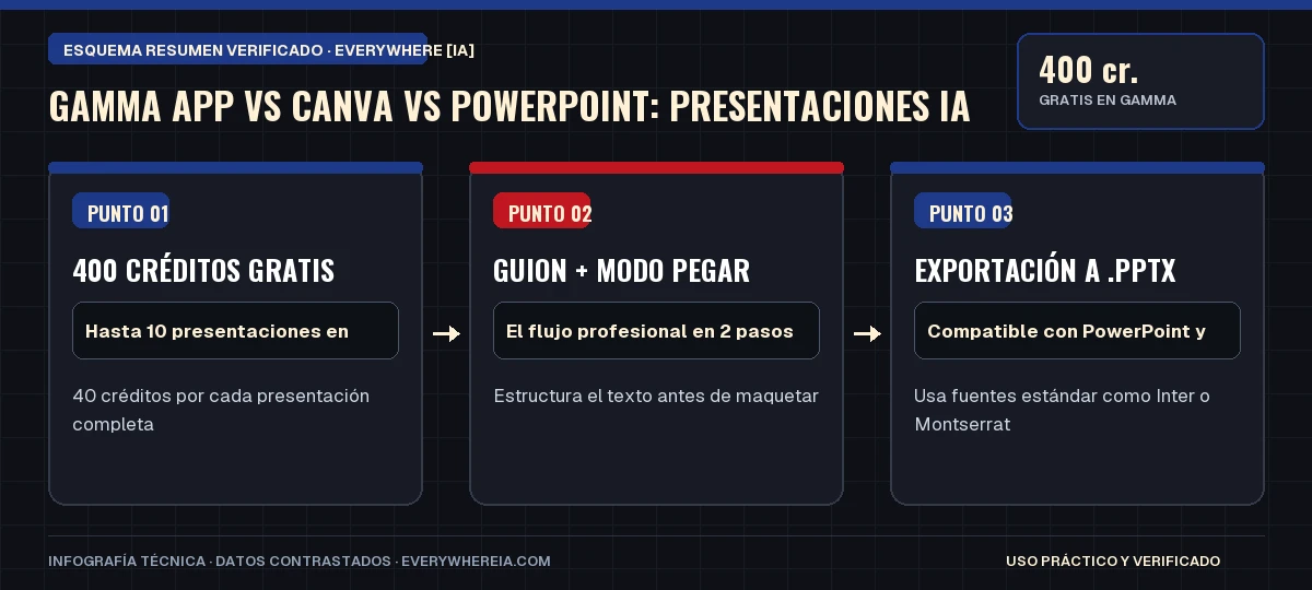 Esquema resumen en 3 pasos: Gamma App vs Canva vs PowerPoint: Presentaciones IA