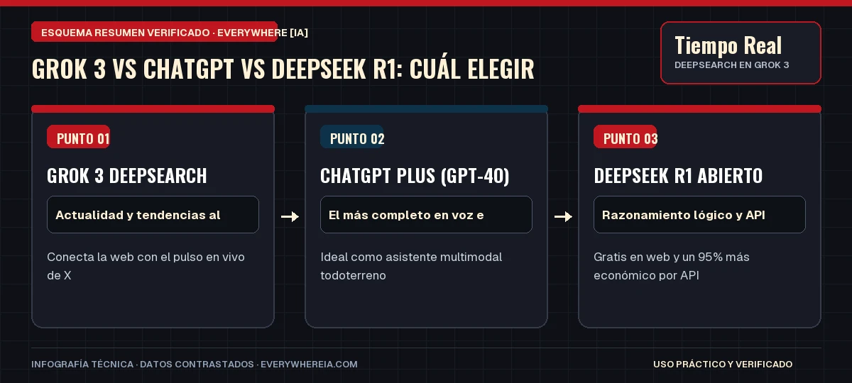 Esquema resumen en 3 pasos: Grok 3 vs ChatGPT vs DeepSeek R1: Cuál Elegir