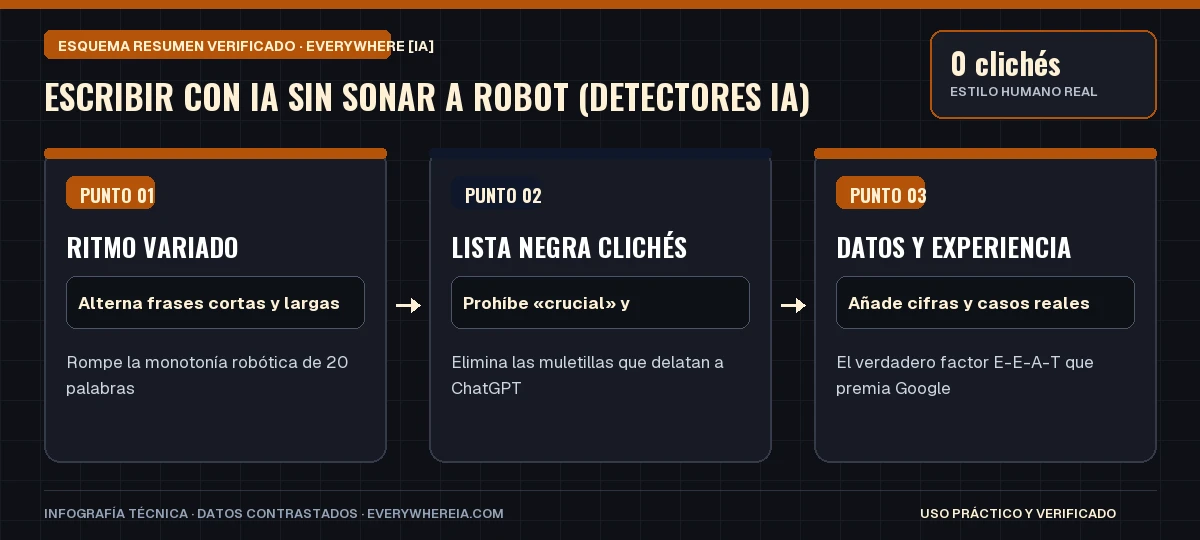 Esquema resumen en 3 pasos: Escribir con IA sin Sonar a Robot (Detectores IA)