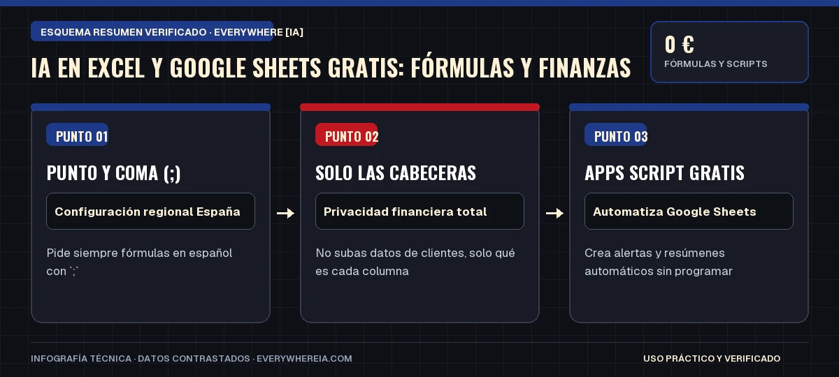 Esquema resumen en 3 pasos: IA en Excel y Google Sheets Gratis: Fórmulas y Finanzas