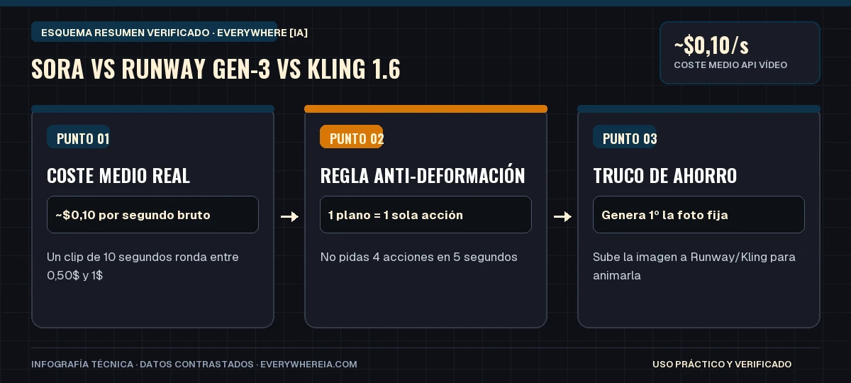 Esquema resumen en 3 pasos: Sora vs Runway Gen-3 vs Kling 1.6