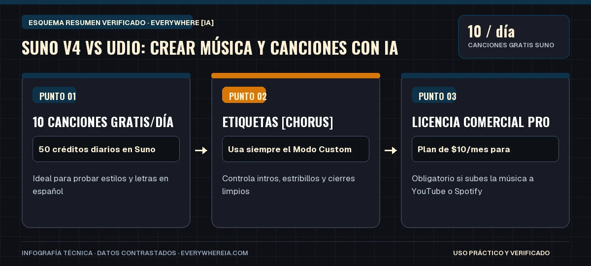 Esquema resumen en 3 pasos: Suno v4 vs Udio: Crear Música y Canciones con IA