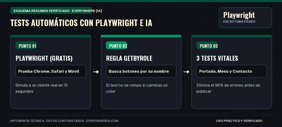 Esquema resumen en 3 pasos: Tests Automáticos con Playwright e IA